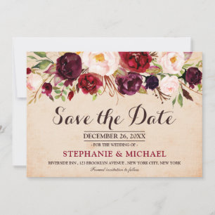 Burgundy Red Marsala Floral Boho Save the Date