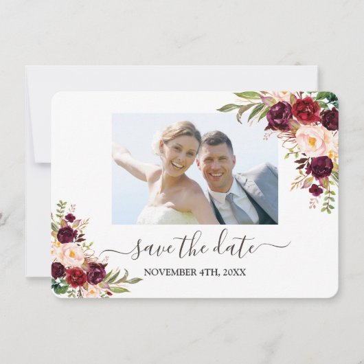 Burgundy Red Marsala Floral Gold Wedding Save The Date (Vorderseite)