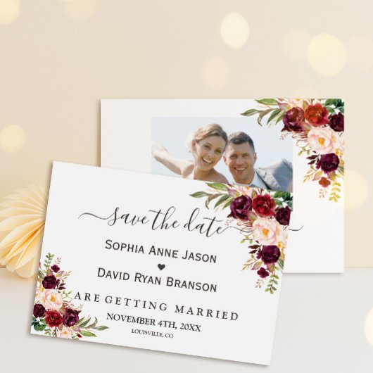 Burgundy Red Marsala Floral Gold Wedding Save The Date