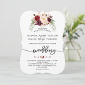 Burgundy Red Marsala Floral Handwriting Wedding Einladung (Stehend Vorderseite)