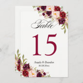 Burgundy Red Marsala Floral Wedding Tischnummer (Vorne/Hinten)