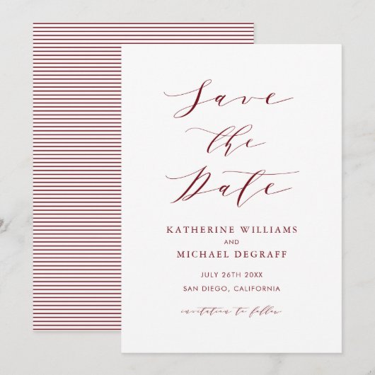 Burgundy Red Minimalistisch Dainty Script Save The Date (Vorne/Hinten)