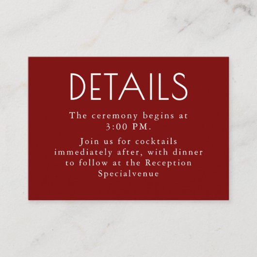 Burgundy Red Modern Minimalist Wedding Details Begleitkarte (Vorderseite)