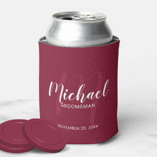 Burgundy Red Modern Script Personalisierte Trauzeu Dosenkühler