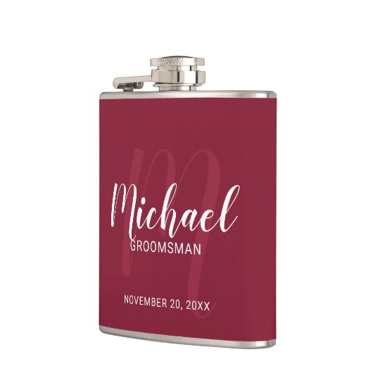 Burgundy Red Modern Script Personalisierte Trauzeu Flachmann (Links)