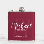 Burgundy Red Modern Script Personalisierte Trauzeu Flachmann<br><div class="desc">Fügen Sie Ihrer Hochzeit eine persönliche Touch mit personalisierten Trauzeugen Flasche. Dieser Fass zeigt den Namen der personalisierten Trauzeugen im modernen, weißen Script-Schriftart-Stil und Monogramm in hellroten modernen Drehbuch-Schriftart-Stil als Hintergrund mit Titel und Hochzeitdatum in weiß modernen Sans Serif Schriftart Stil auf burgundy roten Hintergrund. Auch perfekt für Trauzeuge, Brautvater...</div>