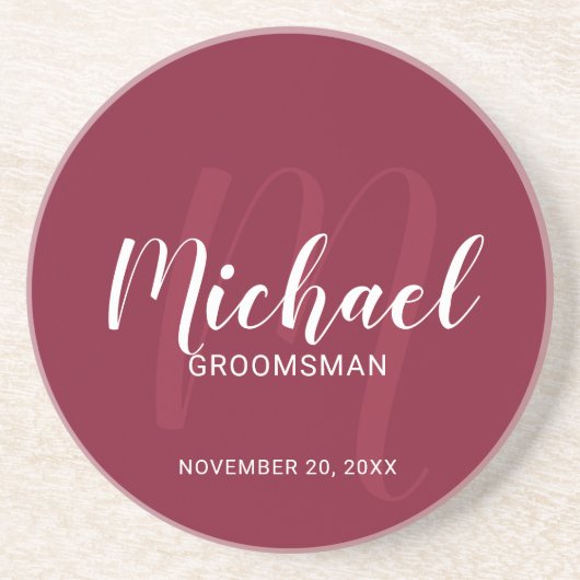 Burgundy Red Modern Script Personalisierte Trauzeu Getränkeuntersetzer (Vorne)