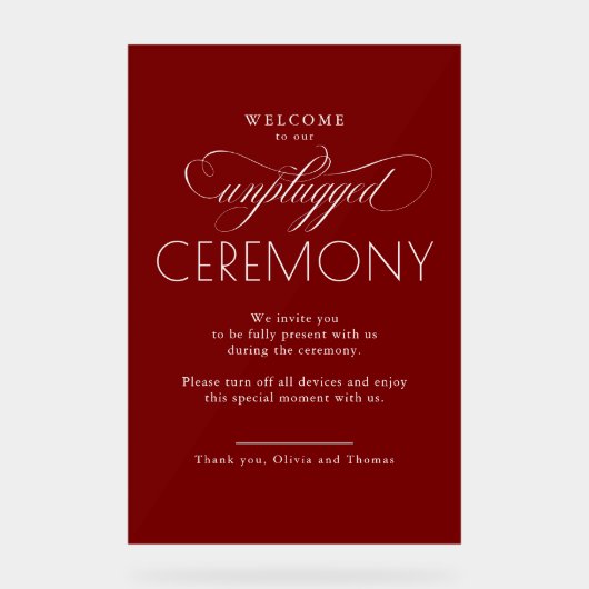 Burgundy Red Modern Script Unplugged Ceremony  Acrylschild (Vorderseite)