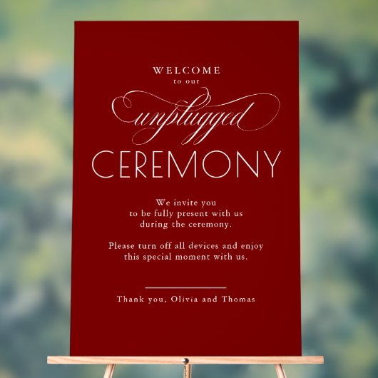 Burgundy Red Modern Script Unplugged Ceremony  Acrylschild (Neutral)