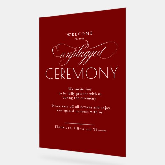 Burgundy Red Modern Script Unplugged Ceremony  Acrylschild (Winkel)