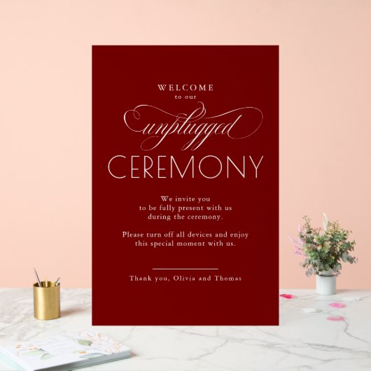 Burgundy Red Modern Script Unplugged Ceremony  Acrylschild (Hochzeit)