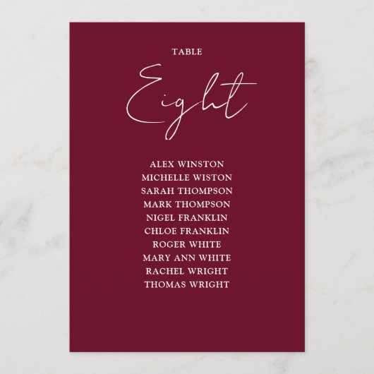 Burgundy Red Modern Seating Chart Tischnummer (Vorderseite)