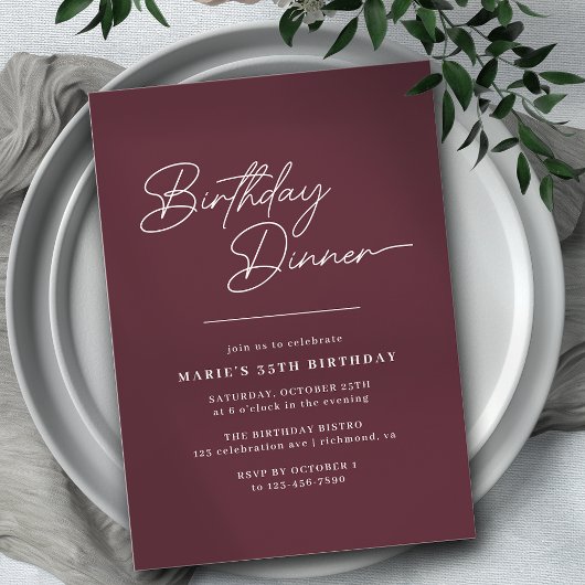 Burgundy Red Modern Simple Maroon Birthday Dinner Einladung