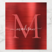 Burgundy Red Monogram Girly Script Metallic Steel Weinetikett (Einzelnes Label)