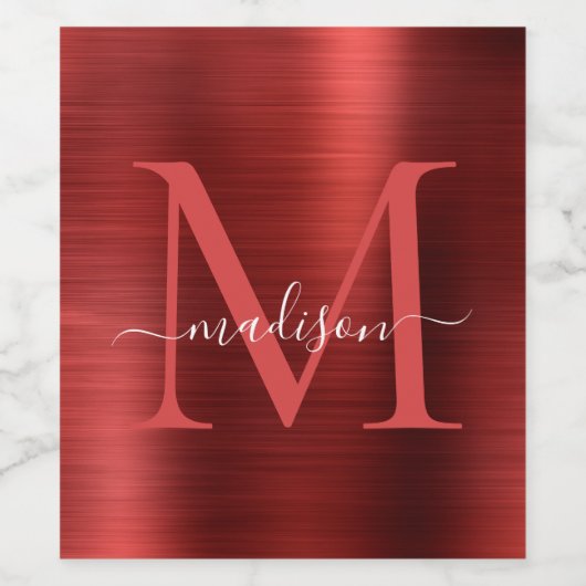 Burgundy Red Monogram Girly Script Metallic Steel Weinetikett (Einzelnes Label)