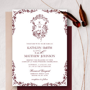 Burgundy Red Monogram Vintages Wappen Hochzeit Einladung