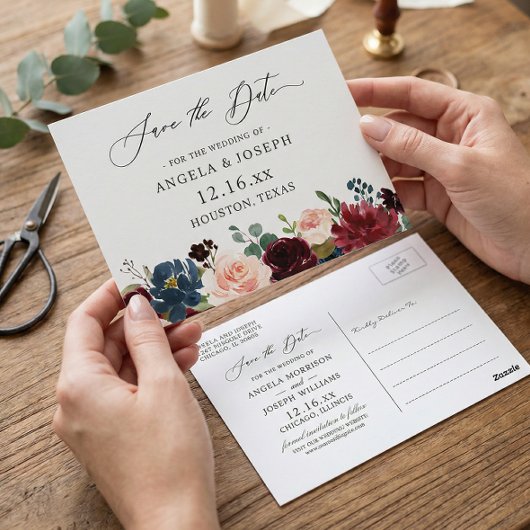 Burgundy Red Navy Bloral Wedding Save the Date Postkarte