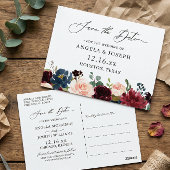 Burgundy Red Navy Bloral Wedding Save the Date Postkarte