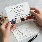 Burgundy Red Navy Bloral Wedding Save the Date Postkarte