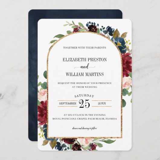 Burgundy Red Navy Blue Floral Arch Frame Wedding Einladung (Vorne/Hinten)