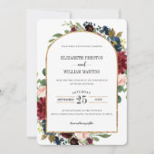 Burgundy Red Navy Blue Floral Arch Frame Wedding Einladung (Vorderseite)