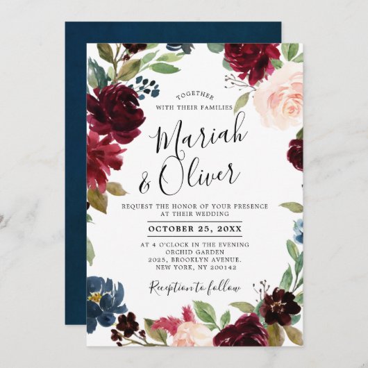 Burgundy Red Navy Blue Floral Boho Wedding Einladung (Vorne/Hinten)