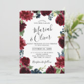Burgundy Red Navy Blue Floral Boho Wedding Einladung (Stehend Vorderseite)