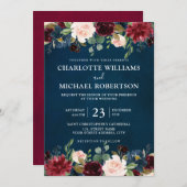 Burgundy Red Navy Blue Floral Rustic Boho Einladung (Vorne/Hinten)