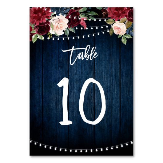 Burgundy Red Navy Blue Floral String Lights Tischnummer (Vorderseite)
