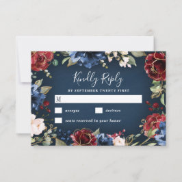 Burgundy Red Navy Blue Gold und Blush Pink Wedding RSVP Karte