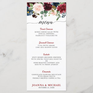 Burgundy Red Navy Blue Watercolor Floral Boho Menükarte