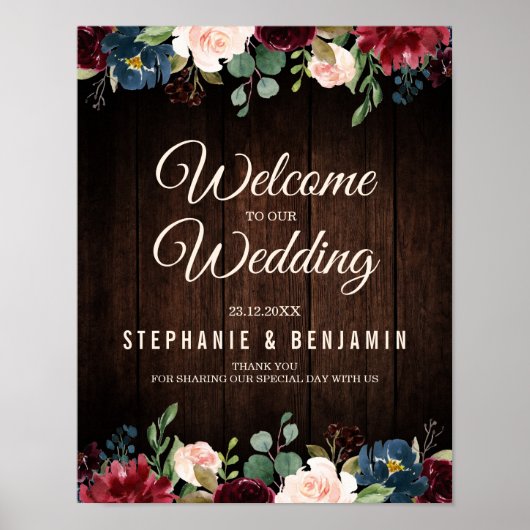 Burgundy Red Navy Blumenzellenschild Poster (Vorne)