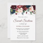 Burgundy Red, Navy Blush Bloral Sweet 16 Party Einladung (Vorderseite)