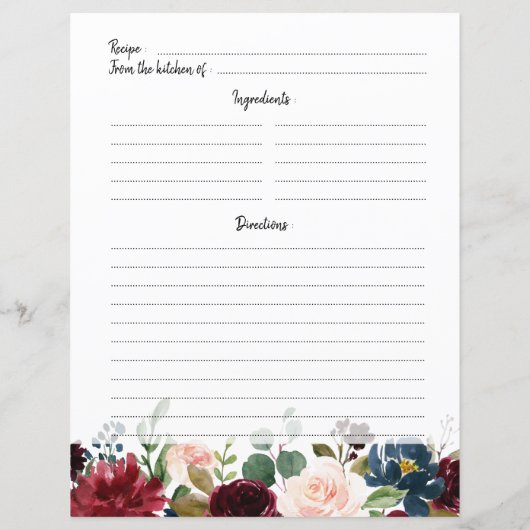 Burgundy Red Navy Blush Brautparty Rezept Karte (Rückseite)
