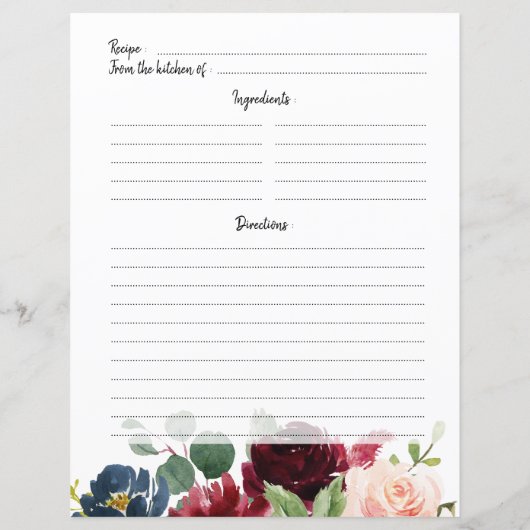 Burgundy Red Navy Blush Brautparty Rezept Karte (Rückseite)
