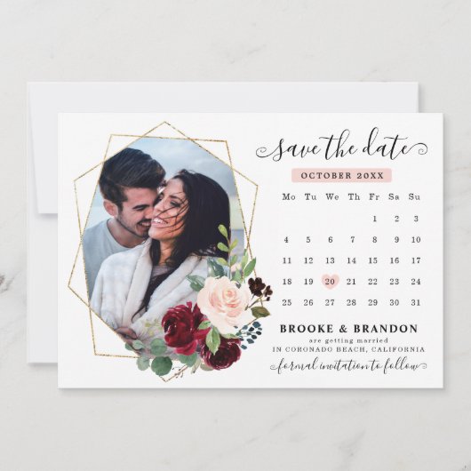 Burgundy Red Navy Blush Floral Foto Save the Date Einladung (Vorderseite)
