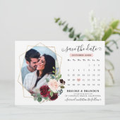 Burgundy Red Navy Blush Floral Foto Save the Date Einladung (Stehend Vorderseite)
