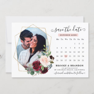 Burgundy Red Navy Blush Floral Foto Save the Date Einladung