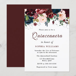Burgundy Red, Navy Blush Floral Quinceanera Party Einladung