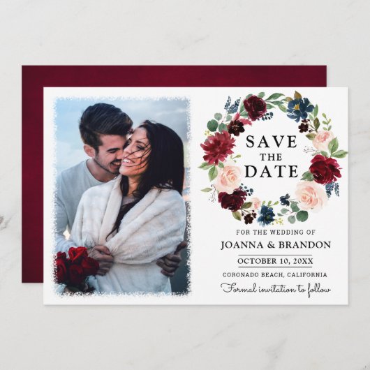 Burgundy Red Navy Blush Floral Save the Date Einladung (Vorne/Hinten)