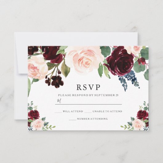 Burgundy Red & Navy Bush Wedding RSVP Karte (Vorderseite)