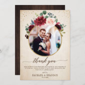 Burgundy Red Navy Floral Boho Wedding Foto Dankeskarte (Vorne/Hinten)