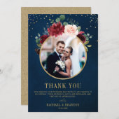Burgundy Red Navy Floral Boho Wedding Foto Dankeskarte (Vorne/Hinten)