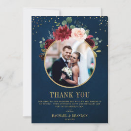 Burgundy Red Navy Floral Boho Wedding Foto Dankeskarte