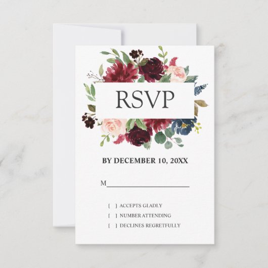 Burgundy Red Navy Floral Boho Wedding RSVP (Vorderseite)