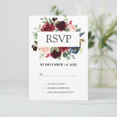 Burgundy Red Navy Floral Boho Wedding RSVP (Stehend Vorderseite)