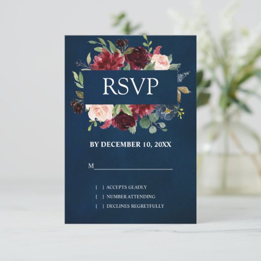 Burgundy Red Navy Floral Boho Wedding RSVP (Stehend Vorderseite)