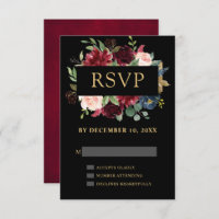 Burgundy Red Navy Floral Boho Wedding RSVP