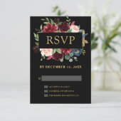 Burgundy Red Navy Floral Boho Wedding RSVP Karte (Stehend Vorderseite)