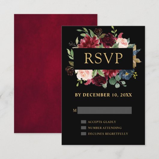 Burgundy Red Navy Floral Boho Wedding RSVP Karte (Vorne/Hinten)